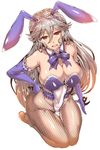  :d animal_ears black_legwear blue_gloves blush breasts bunny_ears bunnysuit cleavage covered_navel detached_collar elbow_gloves gloves granblue_fantasy grey_hair hand_on_hip highres huge_breasts long_hair looking_at_viewer magisa_(granblue_fantasy) open_mouth pantyhose red_eyes seiza simple_background sitting smile solo wakura_(gcdan) white_background 