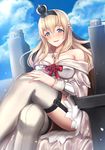  blonde_hair blue_eyes blush braid breasts cleavage crossed_legs crown dress french_braid garter_straps jewelry kantai_collection large_breasts long_hair long_sleeves machinery mini_crown necklace sitting smile solo thighhighs throne untsue warspite_(kantai_collection) white_dress 