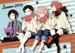  atsushi_toushirou black_hair book brown_eyes brown_hair casual eating food fruit glasses gotou_toushirou green_eyes highres male_focus multiple_boys open_mouth purple_eyes red_hair scarf shinano_toushirou shorts sitting smile sonei suspenders touken_ranbu watermelon yagen_toushirou 