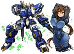  arms_up bangs bodysuit breasts brown_hair copyright_request covered_nipples cropped_legs green_eyes hair_ornament large_breasts long_hair mecha perky_breasts pilot_suit ponytail sachito sidelocks simple_background solo thick_thighs thighs white_background 