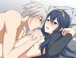  1girl blue_eyes blue_hair blush breast_grab breasts clothes_lift couple fire_emblem fire_emblem:_kakusei grabbing hair_between_eyes hetero licking long_hair lucina male_my_unit_(fire_emblem:_kakusei) mejiro my_unit_(fire_emblem:_kakusei) nipple_licking pillow ribbed_sweater small_breasts sweater sweater_lift tiara white_hair 