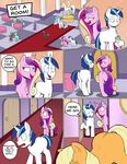  2016 applejack_(mlp) carpet comic crown dialogue door earth_pony english_text equine feathered_wings feathers female feral friendship_is_magic fur grass group hair horn horse inside male mammal multicolored_hair my_little_pony palace pink_fur pony princess_cadance_(mlp) princess_celestia_(mlp) sculpture shining_armor_(mlp) statue strangerdanger table text unicorn white_fur winged_unicorn wings 