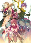  2boys ahoge armor bad_id bad_pixiv_id bare_shoulders blonde_hair bow brown_eyes cape ceser dragon_quest dragon_quest_heroes dragon_quest_heroes_ii fingerless_gloves gloves green_eyes long_hair multiple_boys pink_eyes pink_hair ponytail purple_hair razel scarf shield shinkan_minarai sword teresia thighhighs weapon 