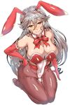  animal_ears black_legwear blush breasts bunny_ears bunnysuit cleavage covered_navel detached_collar elbow_gloves gloves granblue_fantasy grey_hair hand_on_hip highres huge_breasts long_hair looking_at_viewer magisa_(granblue_fantasy) orange_eyes pantyhose red_gloves seiza simple_background sitting smile solo wakura_(gcdan) white_background 