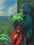  2016 abs anthro athletic avian balls beak bird chunie claws cloud detailed_background digital_media_(artwork) flaccid glans hi_res male nude outside partially_retracted_foreskin penis quetzal sky solo standing temple uncut vein veiny_penis 