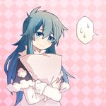  blouse blue_eyes blue_hair capelet checkered checkered_background closed_eyes colored_eyelashes crying crying_with_eyes_open doremy_sweet ko_kita long_hair open_mouth pillow pillow_hug pom_pom_(clothes) sidelocks solo spoken_sweatdrop sweatdrop tears touhou upper_body wavy_mouth white_blouse 