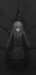  bad_id bad_twitter_id bangs black_dress chinese_clothes closed_mouth commentary_request crescent dress expressionless full_body grey_background greyscale gyup hat highres junko_(touhou) long_hair long_sleeves looking_at_viewer monochrome ribbon simple_background sleeves_past_wrists solo standing tabard touhou very_long_hair wide_sleeves 