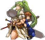  1girl ahoge back-to-back bangs bike_shorts blush breasts brown_hair covered_nipples cowboy_shot green_eyes green_hair hair_between_eyes high_ponytail large_breasts locked_arms long_hair original perky_breasts sachito sidelocks simple_background smile sumi-chan_(sachito) sword thick_thighs thighs weapon white_background yellow_eyes 