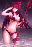 ass_visible_through_thighs bikini fate/grand_order fate_(series) gae_bolg garter_straps highres long_hair midriff navel purple_hair red_eyes scathach_(fate)_(all) scathach_(swimsuit_assassin)_(fate) solo standing star swimsuit sword thigh_strap wading water weapon yuririensu 