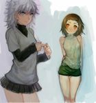  2girls artist_request blue_eyes brown_hair genderswap gon_freecss hairband hunter_x_hunter killua_zoldyck multiple_girls short_shorts simple_background skirt sleeveless_turtleneck thigh_gap yellow_eyes 