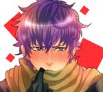  blush covering_mouth dragon_quest dragon_quest_heroes dragon_quest_heroes_ii gloves male_focus oururi33 portrait purple_eyes purple_hair razel scarf solo white_background 
