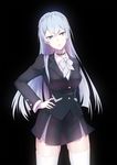  black_background blue_eyes blue_hair braid cowboy_shot crown_braid hand_on_hip highres kiznaiver liu_lan long_hair looking_at_viewer neck_tattoo school_uniform skirt solo sonozaki_noriko tattoo thighhighs white_legwear zettai_ryouiki 