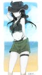  alternate_costume arm_behind_back arm_up bangs bare_shoulders beach bikini black_bikini black_hair blue_sky breasts character_name cloud day frills hat horns kantai_collection large_breasts light_cruiser_hime long_hair mochitsu_jou navel parted_bangs sand shinkaisei-kan shorts sky solo swimsuit thigh_strap water white_skin wind 