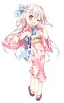  ;d absurdres bad_id bad_pixiv_id blush bow braid brown_eyes cherry_blossoms floral_print flower full_body geta hair_bow hair_flower hair_ornament hairclip highres japanese_clothes kimono long_hair looking_at_viewer obi one_eye_closed open_mouth pink_hair sash shimakaze_(zhan_jian_shao_nyu) smile solo tsukimi_(xiaohuasan) very_long_hair yukata zhan_jian_shao_nyu 