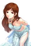  bare_shoulders breasts brown_eyes brown_hair dress idolmaster idolmaster_cinderella_girls leaning_forward long_hair looking_at_viewer medium_breasts nitta_minami oumi_mizu simple_background sketch smile solo 