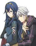  1girl blue_eyes blue_hair cape cloak couple fingerless_gloves fire_emblem fire_emblem:_kakusei gloves hair_between_eyes hand_in_another's_hair hetero hood hooded_cloak long_hair lucina male_my_unit_(fire_emblem:_kakusei) mejiro my_unit_(fire_emblem:_kakusei) ribbed_sweater short_hair smile sweater white_background white_hair 