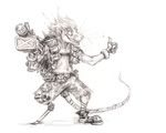  2016 alternate_species anthro bandage belt black_and_white blizzard clothed clothing explosives gloves grenade junkrat_(overwatch) kenket male mammal mechanical_arm monochrome overwatch pants pegleg pencil_(artwork) pouch ranged_weapon rat rocket_launcher rodent simple_background sketch smile solo teeth thumbs_up topless traditional_media_(artwork) video_games weapon white_background 