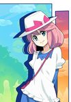  bag blue_eyes bow handbag hat hat_bow pink_hair pokemon pokemon_(game) pokemon_bw2 ruri_(pokemon) shuri_(84k) smile solo 