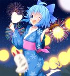  ;d aerial_fireworks ahoge alternate_costume arched_back blue_eyes blue_hair blurry blush chocolate_banana cirno cotton_candy depth_of_field fang festival fireworks footwear_removed fox_mask geta hair_ribbon japanese_clothes kimono long_sleeves mask night no_wings obi one_eye_closed open_mouth outdoors ribbon sandals sansai_(age3joe) sash shoe_loss short_hair smile snowflake_print solo touhou yukata 