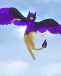  2016 anthro avian beak bird breasts cainethelongshot cloud eyes_closed feathered_wings feathers female flying gryphon nude outside simple_background sky smile solo tico wings zomiekitteh13 