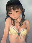  bare_shoulders bow bow_bra bra breasts brown_eyes brown_hair cleavage copyright_request head_tilt highres jewelry looking_at_viewer murata_renji necklace pearl_necklace shiny shiny_skin skindentation small_breasts solo striped twintails underwear upper_body vertical-striped_bra vertical_stripes yellow_bra 