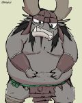  2018 anthro belly bovine clothing general_kai green_eyes horn humanoid_hands kung_fu_panda loincloth male mammal moobs negigi overweight overweight_male simple_background solo yak 
