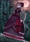  bat bonnet cloud cloudy_sky commentary dress forest frills from_below full_body gothic_lolita gown lolita_fashion long_hair looking_down moon nature night overlord_(maruyama) pale_skin ponytail red_eyes red_moon ribbon shalltear_bloodfallen silver_hair sky smile tree vampire very_long_hair wasabi60 
