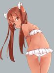  :o alternate_costume ass bare_arms bare_shoulders bikini brown_hair butt_crack comah dark_skin fang flat_ass frilled_bikini frills from_behind grey_background hair_ribbon kantai_collection libeccio_(kantai_collection) long_hair looking_at_viewer looking_back open_mouth polka_dot polka_dot_ribbon red_eyes red_hair ribbon shoulder_blades simple_background solo standing strap_slip swimsuit thigh_gap twintails white_bikini 