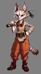  5_fingers anthro blue_eyes cat clothed clothing eyewear feline female fur goggles grey_fur hammer looking_at_viewer makkon mammal simple_background smile solo standing tan_fur tools 