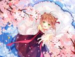  :d antenna_hair bell belt blue_sky blurry blush branch brown_hair cardcaptor_sakura cherry_blossoms day depth_of_field double_bun dress floating_hair flower frilled_sleeves frills from_above green_eyes hair_ornament highres kinomoto_sakura open_mouth outstretched_hand petals pink_ribbon reflection ribbon short_hair sky smile solo teeth trait_connection water wide_sleeves xiningjiang 