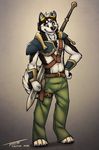  2016 anthro armor belt black_fur canine claws clothing dog eyewear fur goggles greaves grey_eyes hip_holster husky knife looking_at_viewer male mammal melee_weapon navel pants pauldron simple_background smile solo standing sword tsaiwolf vambraces warrior weapon white_fur 