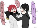  black_hair bota_(tsuboyan) cheek_pinching male_focus multiple_boys necktie open_mouth pinching red_hair scarf shinano_toushirou touken_ranbu yagen_toushirou 