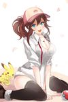  alternate_costume aster6154 bad_id bad_pixiv_id baseball_cap between_legs black_legwear blouse blue_eyes breasts brown_hair cleavage derivative_work evil_grin evil_smile female_protagonist_(pokemon_go) gen_1_pokemon grin hair_between_eyes hand_between_legs hat heart heart_necklace jewelry large_breasts long_hair looking_at_viewer necklace petals pikachu poke_ball pokemon pokemon_(creature) pokemon_go ponytail short_sleeves sidelocks sitting smile thighhighs wavy_hair white_blouse 