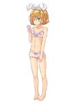  absurdres bangs bare_arms bare_legs barefoot blonde_hair blue_eyes bow bow_panties bra breasts cellphone collarbone eyebrows eyebrows_visible_through_hair full_body hair_between_eyes hair_bow hair_ornament hairclip hand_on_own_thigh highres holding holding_cellphone holding_phone kagamine_rin kitsunerider looking_at_phone microskirt navel no_shirt panties phone pigeon-toed pink_bow pink_panties pout see-through short_hair skirt small_breasts solo standing stomach swept_bangs transparent_background underwear vocaloid white_bow white_bra 