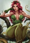  batman_(series) branch breasts cleavage curly_hair dandon_fuga dc_comics gloves green_gloves green_leotard large_breasts leaf leotard looking_at_viewer pantyhose plant plant_girl poison_ivy red_hair sitting solo vines 