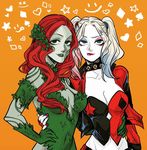  2girls blonde_hair breasts choker cleavage corset dc_comics dip-dyed_hair harley_quinn leaf lipstick multiple_girls poison_ivy red_hair twintails 