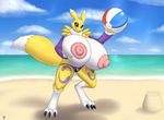  2016 anthro areola badgerben ball beach beach_ball big_breasts blue_eyes breasts clothed clothing digimon erect_nipples female fur huge_breasts hyper hyper_breasts looking_at_viewer nipples renamon seaside smile solo topless yellow_fur 