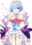  blue_eyes blue_hair bouquet bridal_veil bride dress elbow_gloves flower gloves hair_ornament hair_over_one_eye highres jewelry re:zero_kara_hajimeru_isekai_seikatsu rem_(re:zero) ring short_hair solo strapless strapless_dress thighhighs timins veil wedding_dress white_dress white_legwear x_hair_ornament 