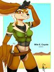  anthro ballistic-cottontail bikini bikini_bottom canine clothed clothing coyote crossgender english_text eyewear fangs female goggles grin knife looking_at_viewer looney_tunes mammal red_eyes skimpy solo swimsuit text warner_brothers wile_e._coyote 