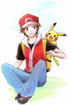  artist_request baseball_cap brown_hair hat pikachu pokemon pokemon_(game) pokemon_frlg red_(pokemon) red_(pokemon)_(remake) 