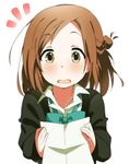  bow bowtie brown_eyes brown_hair commentary_request eyebrows eyebrows_visible_through_hair fujimiya_kaori gyahu hair_bun highres isshuukan_friends long_sleeves looking_at_viewer open_mouth paper school_uniform simple_background solo upper_body 