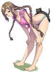  animal bad_id bad_pixiv_id barefoot bent_over bikini bikini_bottom black_cat braid brown_hair cat cat_on_ass earrings feet front-tie_top full_body hair_ornament hairclip highres jewelry long_hair looking_at_viewer midriff navel original shimo_(s_kaminaka) shirt simple_background smile solo swimsuit tied_shirt twin_braids very_long_hair white_background yellow_eyes 