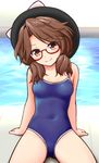  alternate_costume arm_support black_hat blush bow breasts brown_eyes brown_hair competition_school_swimsuit covered_navel glasses hat hat_bow katou_kaiou looking_at_viewer low_twintails one-piece_swimsuit pool red-framed_eyewear semi-rimless_eyewear small_breasts smile solo swimsuit touhou twintails under-rim_eyewear usami_sumireko white_bow 
