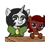  bow clothing duo ear_piercing earth_pony equine fan_character female feral ficficponyfic horn horse joyride(colt_quest) mammal my_little_pony piercing pony ruby_rouge(colt_quest) simple_background table unicorn white_background young 