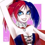  1girl bare_shoulders batman_(series) blue_eyes breasts cleavage dc_comics harley_quinn lipstick makeup multicolored_hair twintails white_hair white_skin 