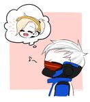  :d ^_^ blonde_hair chibi closed_eyes face_mask gloves head_mounted_display high_ponytail jacket lowres mask mechanical_halo mechanical_wings mercy_(overwatch) open_mouth overwatch ponytail scar short_hair simple_background smile soldier:_76_(overwatch) visor white_hair wings yeowol 