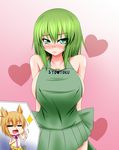  :d =_= adapted_costume apron arms_behind_back bare_shoulders blood blush breasts brown_hair chibi cleavage clothes_writing collarbone commentary_request cowboy_shot frown green_apron green_eyes green_hair heart heart_background highres large_breasts looking_at_viewer multiple_girls naked_apron no_hat no_headwear nose_blush nosebleed open_mouth parmiria pointy_hair shirt short_hair sideboob sleeveless sleeveless_shirt smile soga_no_tojiko solo_focus thumbs_up touhou toyosatomimi_no_miko 