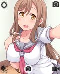  :d blush breasts brown_hair collarbone commentary_request hasu_(hk_works) kunikida_hanamaru large_breasts long_hair looking_at_viewer love_live! love_live!_sunshine!! neckerchief open_mouth puffy_short_sleeves puffy_sleeves reaching_out school_uniform self_shot serafuku short_sleeves sidelocks smile solo upper_body uranohoshi_school_uniform yellow_eyes 