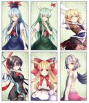  arm_warmers asymmetrical_wings black_dress black_hair blonde_hair blue_dress blue_hair bow brown_eyes chain dress ex-keine gourd green_background green_dress green_eyes green_hair grin hair_bow hands_on_hips hat highres horns houjuu_nue ibuki_suika kamishirasawa_keine kishin_sagume long_hair looking_at_viewer mikazuki_tsukiyo mizuhashi_parsee multiple_girls pointy_ears polearm red_bow red_eyes scarf short_hair silver_hair single_wing smile smug touhou trident weapon white_scarf wings wrist_cuffs 