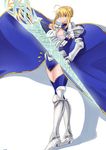  ahoge armor armored_dress artoria_pendragon_(all) artoria_pendragon_(lancer) blonde_hair blue_legwear broken_armor commentary_request fate/grand_order fate_(series) full_body gauntlets greaves green_hair highres holding holding_weapon lance looking_at_viewer polearm rhongomyniad short_hair sidelocks solo takara_joney thighhighs weapon white_background 